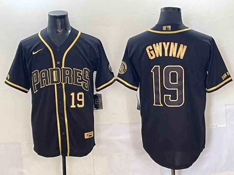 Men 2025 San Diego Padres 19 Gwynn Black Gold Throwback Nike MLB Jersey style 05